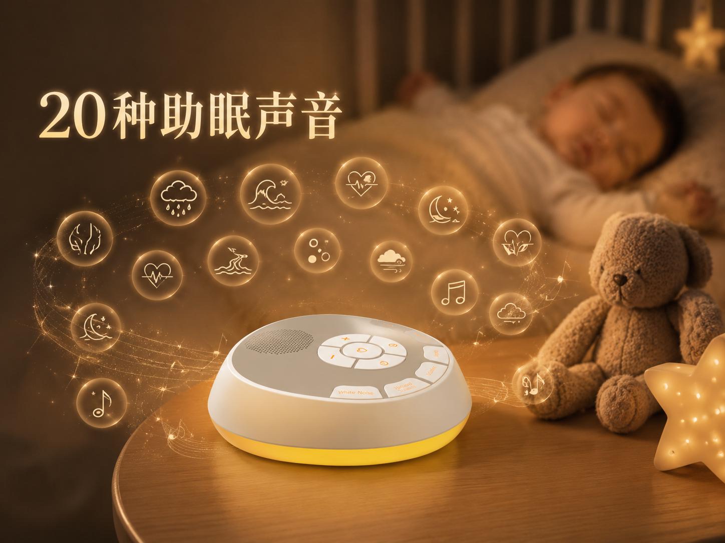 A800L便携式声音安抚器提供20种助眠声音，适用于宝宝睡前安抚与日常睡眠环境