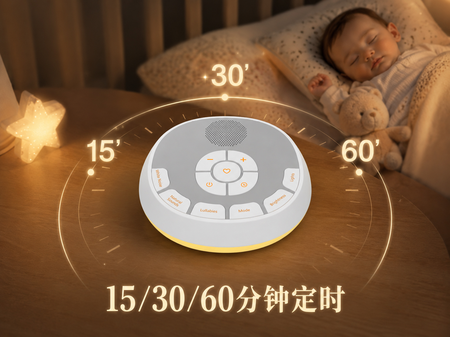 A800L便携式声音安抚器支持音乐、夜灯及声光结合三种模式自由切换