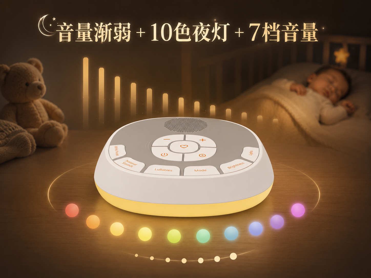 A800L声音安抚器支持音量渐弱、10色夜灯和7档音量调节，营造舒适睡前氛围